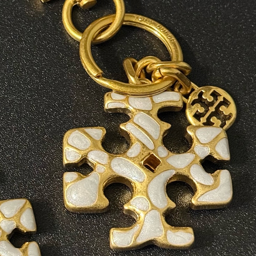 Tory Burch Gold and Cream Logo Keychain